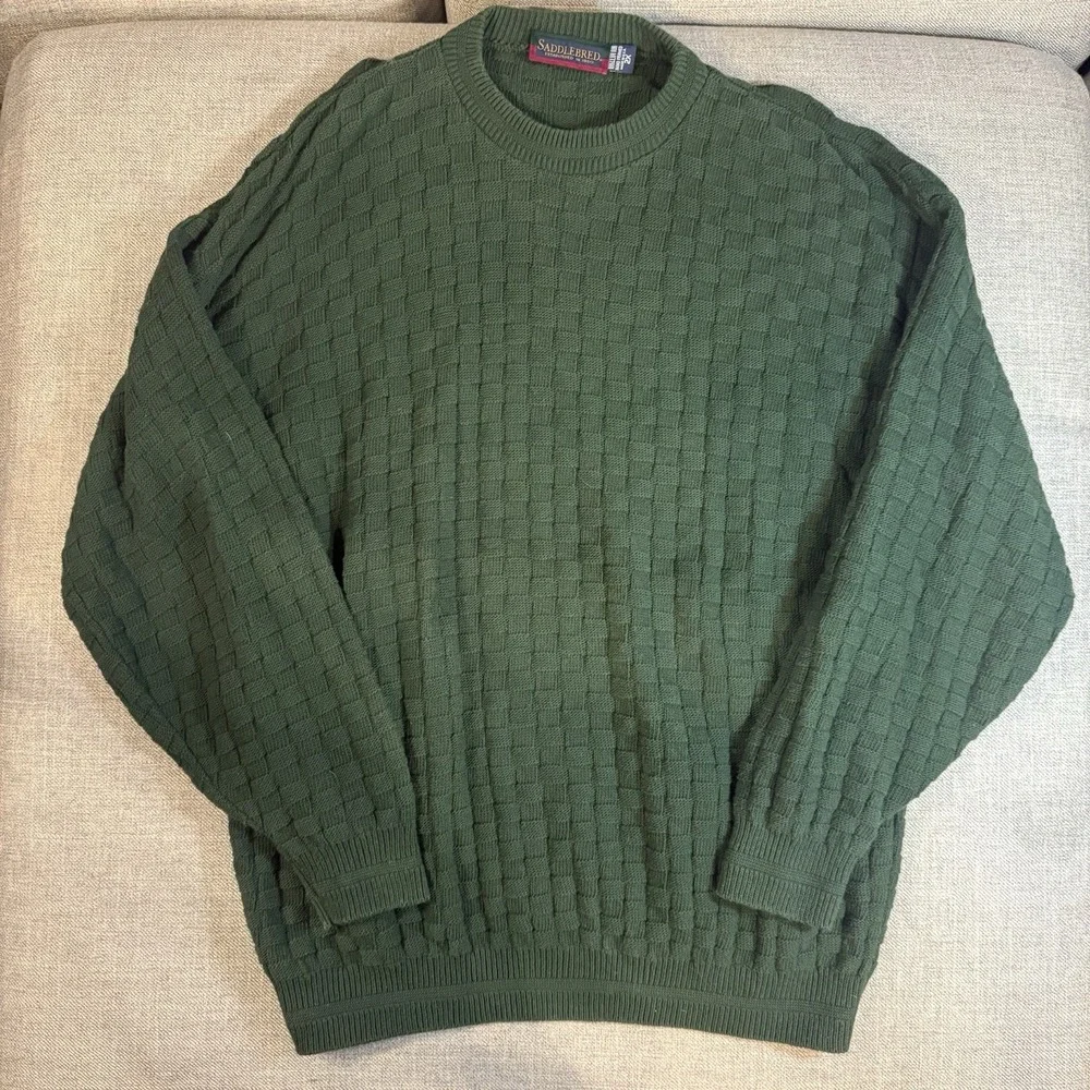 Saddlebred Green Textured Knit Sweater Men's 2XL Crewneck 100% Cotton Pullover